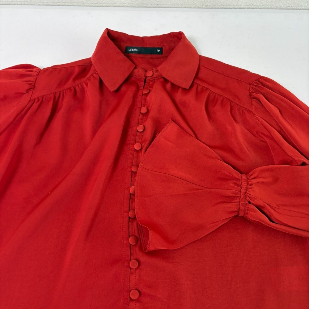 Lebôh Button Front Blouse SIze PP Orange Rust Satin Flounce Long Sleeve Top - Picture 9 of 11